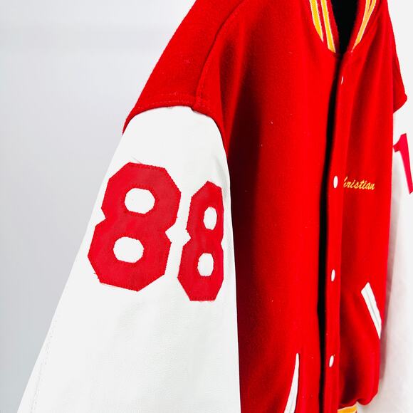 Custom Holloway Wool Red Yellow Varsity Protest Statement Jacket Leather Sleeves - Picture 8 of 11